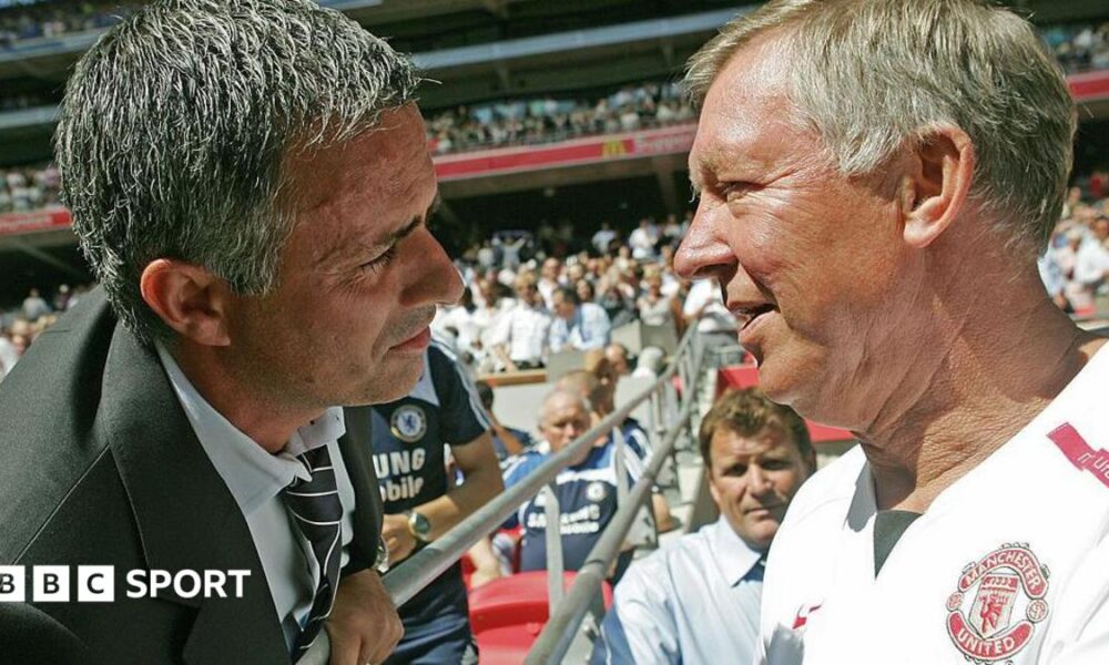 Jose Mourinho and Sir Alex Ferguson greet each other at Wembley in 2007
