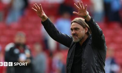 Leeds United's German head coach Daniel Farke celebrates on the pitch
