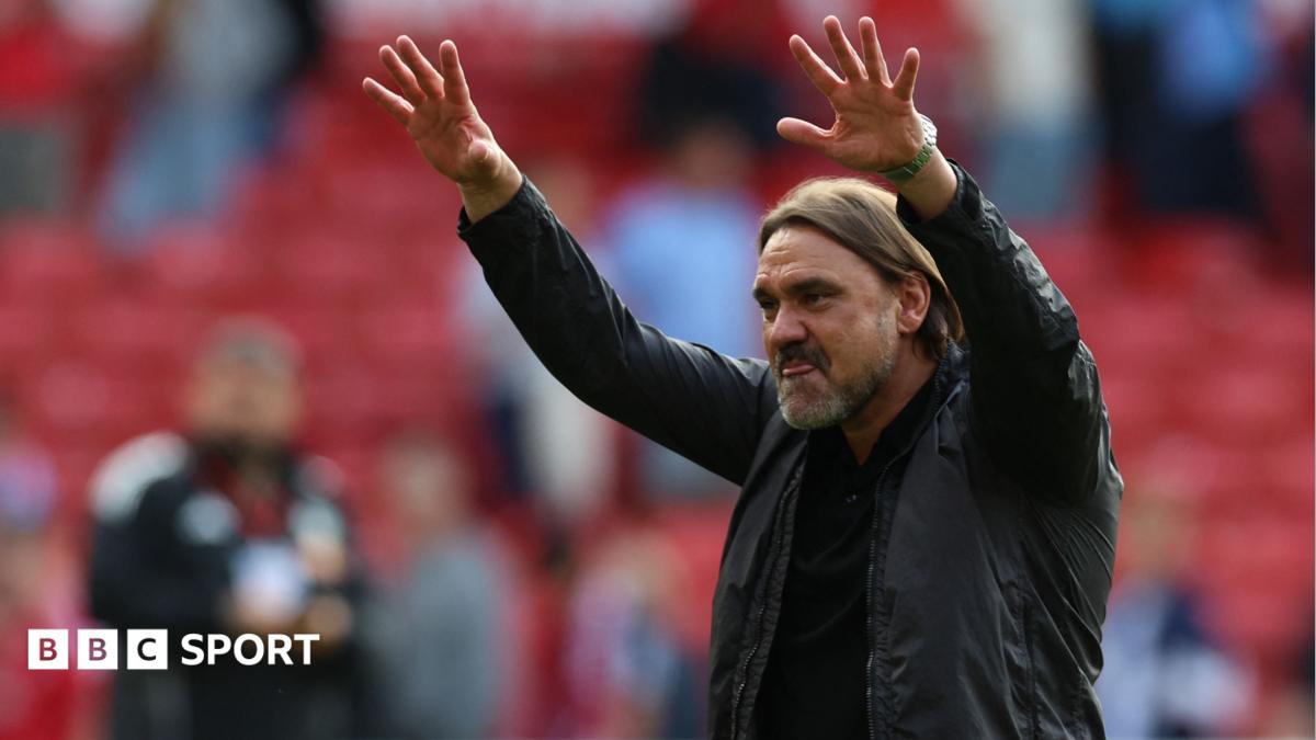Leeds United's German head coach Daniel Farke celebrates on the pitch