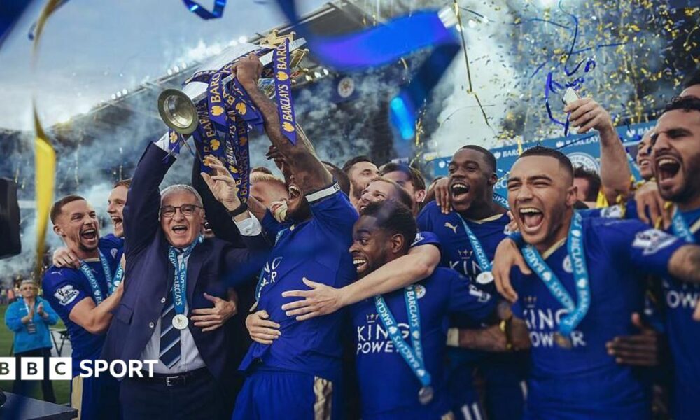 Claudio Ranieri with the Premier League trophy and a crown being put on his head
