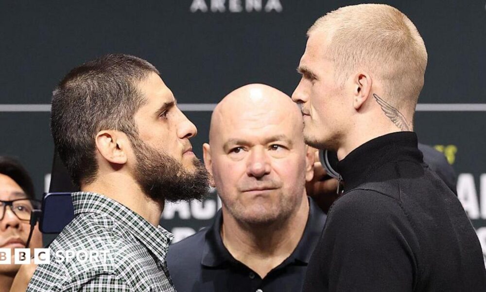 Islam Makhachev and Ian Machado Garry face off with Dana White standing in between them
