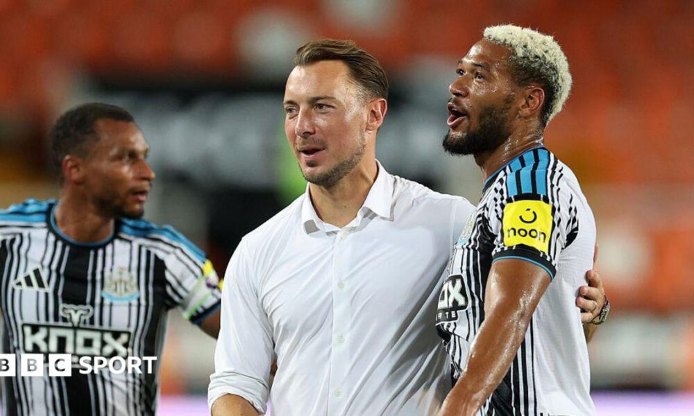 Matthias Jaissle with Joelinton after their pre-season friendly win against Valencia at the Mestalla Stadium