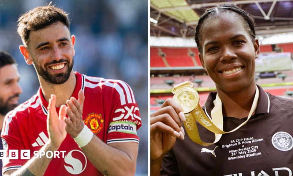 Split image of Bruno Fernandes (left), wearing a red Man United shirt and applauding, and Khadija Shaw (right), wearing a black Man City shirt and holding up a gold medal in her right hand