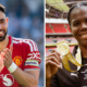 Split image of Bruno Fernandes (left), wearing a red Man United shirt and applauding, and Khadija Shaw (right), wearing a black Man City shirt and holding up a gold medal in her right hand