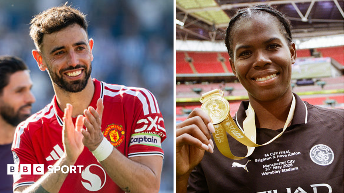 Split image of Bruno Fernandes (left), wearing a red Man United shirt and applauding, and Khadija Shaw (right), wearing a black Man City shirt and holding up a gold medal in her right hand