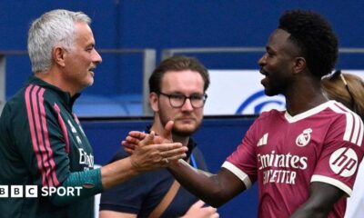 Jose Mourinho shaking hands with Vinicius Junior during Real Madrid's friendly with Schalke