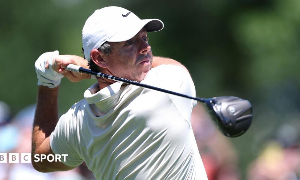 Rory McIlroy at the end of his swing