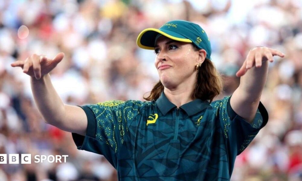 Australian breakdancer Rachael Gunn - aka B-Girl Raygun - performs at the Paris 2024 Olympics.