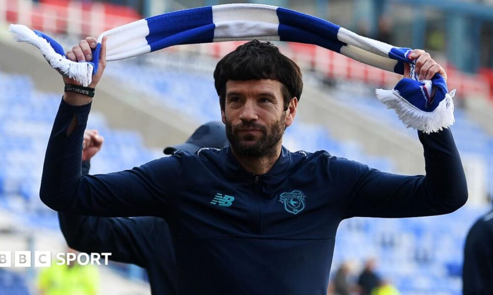 Brian Barry-Murphy swings a scarf above his head after guiding Cardiff to promotion from League One.