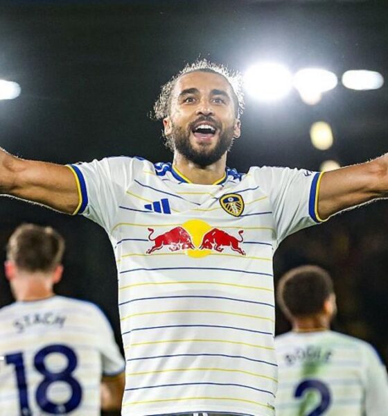 Dominic Calvert-Lewin celebrates after scoring for Leeds United against Newcastle United