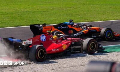 Lewis Hamilton goes into the gravel and loses places at the first chicane at Monza