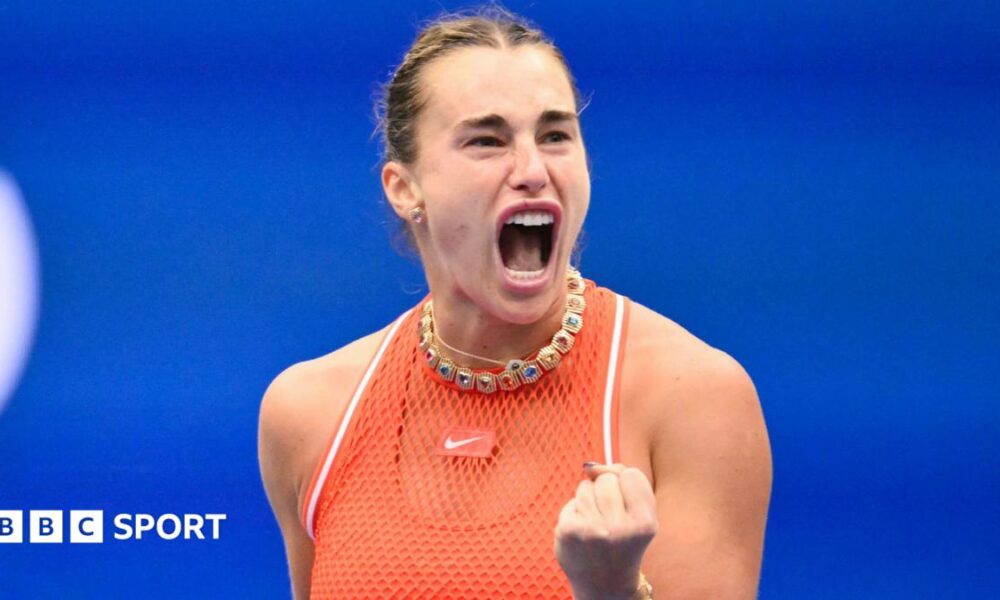 Aryna Sabalenka celebrates during her fourth-round match at the US Open