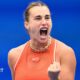 Aryna Sabalenka celebrates during her fourth-round match at the US Open