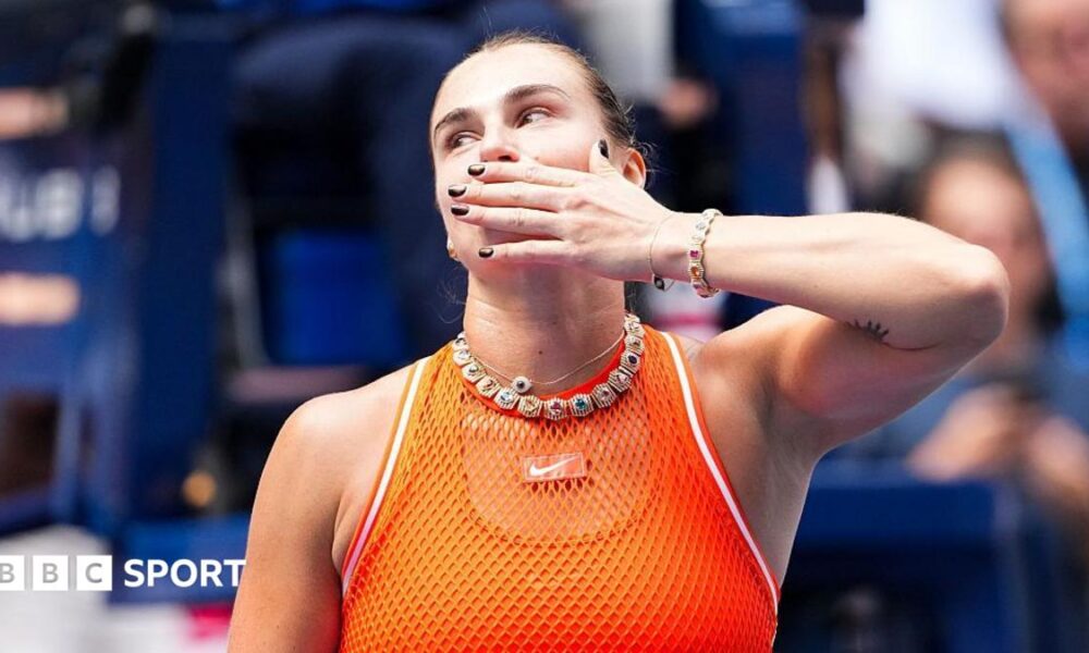 Aryna Sabalenka celebrates beating Kamilla Rakhimova at the US Open