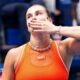 Aryna Sabalenka celebrates beating Kamilla Rakhimova at the US Open