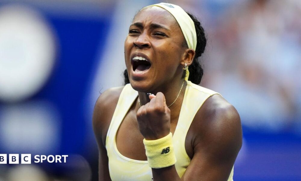Coco Gauff celebrates winning her third-round match at the US Open