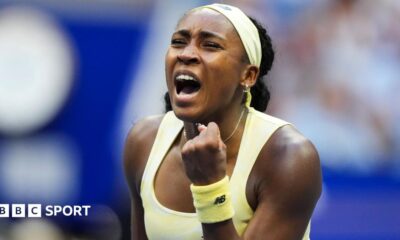 Coco Gauff celebrates winning her third-round match at the US Open